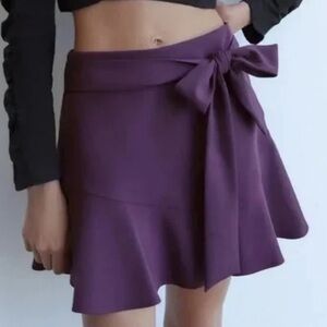 Zara Purple Mini Skort Fit & Flare Ruffle Sash Tie Size Small